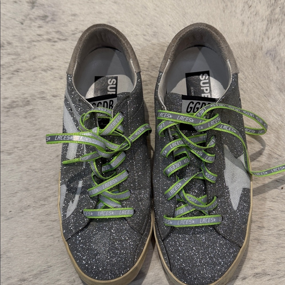 Golden Goose Superstar Glitter Sneakers with Green Laces